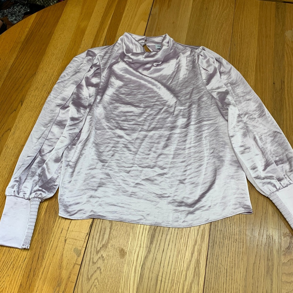 Evereve Lavender Satin‎ Mock Neck Puff Sleeve Blouse Smocked Cuffs Large